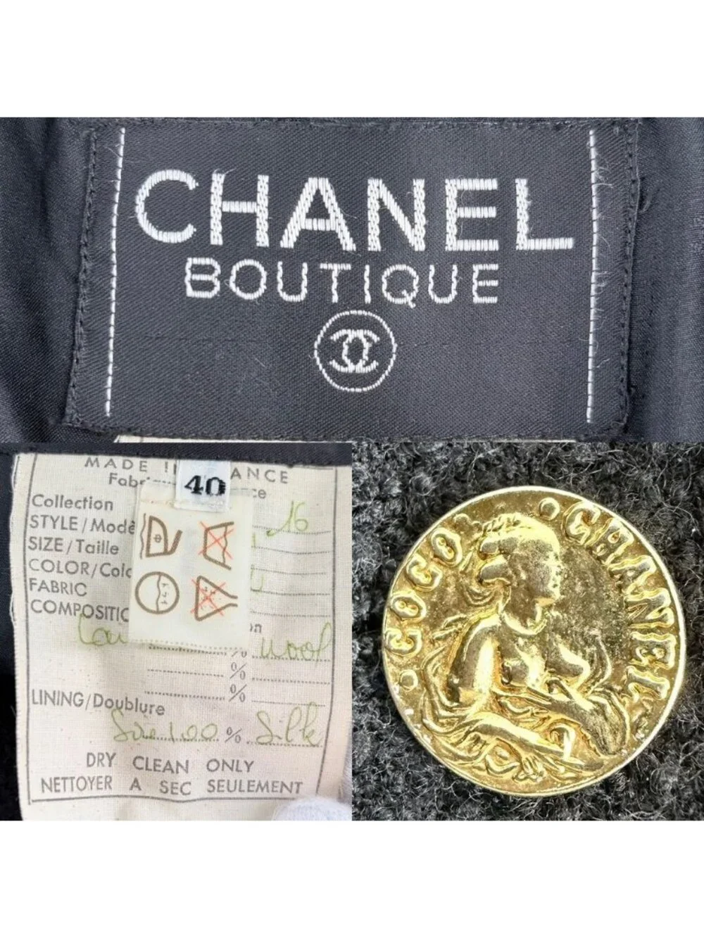 Chanel Set Mademoiselle Button Jacket Skirt Vintage Black Gold Wool Fall 40